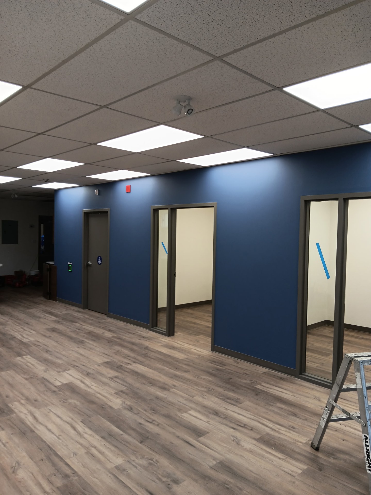 Transformed office space with professional blue accent walls and modern finish