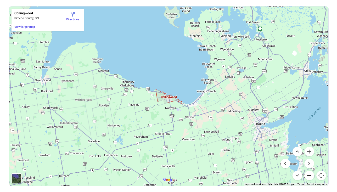 BTR Painting service area map showing Collingwood, Blue Mountain, Wasaga Beach, Stayner, Thornbury, Creemore, and Meaford in South Georgian Bay